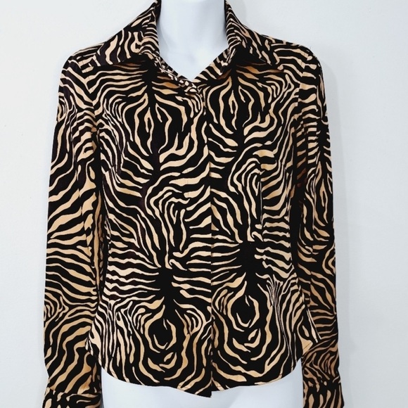 ETCETERA ANINE BING Zebra Print Silk Button-Up Blouse Brown Tan Silk Spandex 4 - Picture 3 of 6